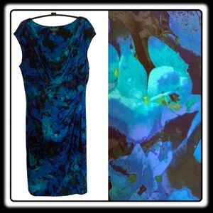 Lauren Blue floral pattern dress (Navy/Turquoise/Royal). Draped Cowl Neck 14.